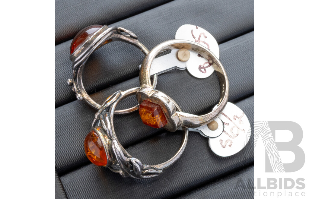 Vintage (3) Sterling Silver Baltic Amber Cabochon Rings, Sizes K, M & P, 16.0 Grams