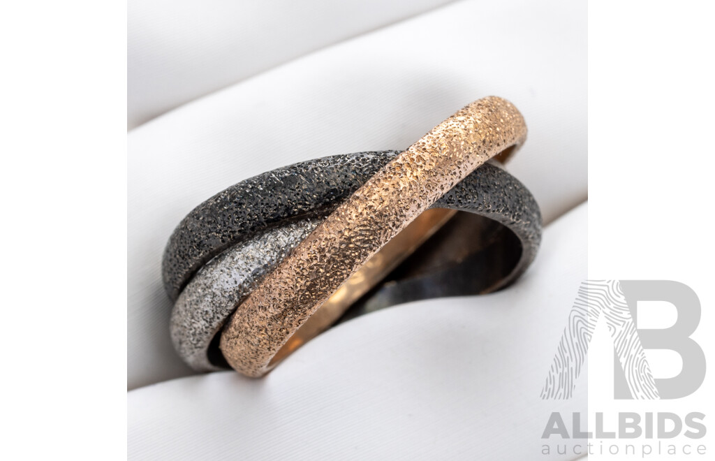 NEW - Torini Sterling Silver Frosted Rose/silver/black Russian Style Stacking Ring, Made in Italy, Size M, 6.38 Grams