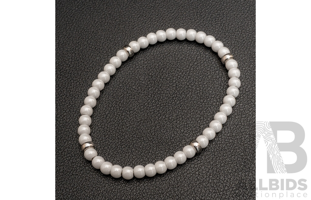NEW - Sterling Silver White Porcelain Stretch Bracelet, 20cm, Made In Spain