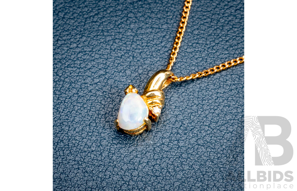 NEW - 18ct Australian Opal & Diamond Set Pendant, 15mm Long, 1.16 Grams