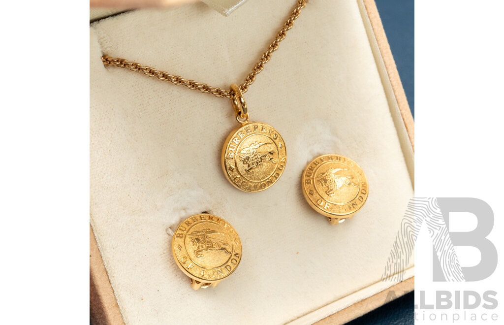 Burberrys of London Coin Insignia Clip on Earrings & Pendant Set, Gold Tone, as New in Box