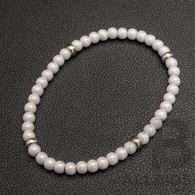 NEW - Sterling Silver White Porcelain Stretch Bracelet, 20cm, Made In Spain