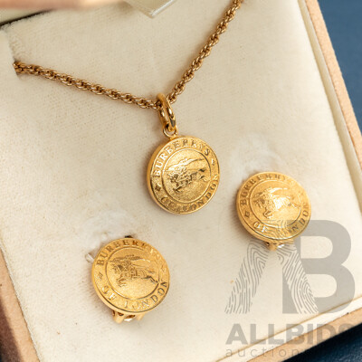 Burberrys of London Coin Insignia Clip on Earrings & Pendant Set, Gold Tone, as New in Box