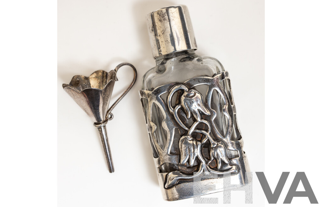 Vintage Sterling Silver Encased Glass Perfume Bottle 62mm & Sterling Silver Funnel, London 1992/93,