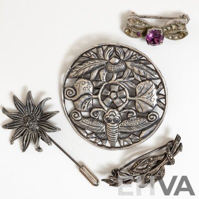 Collection of (4) Vintage Brooches Including Sterling Silver