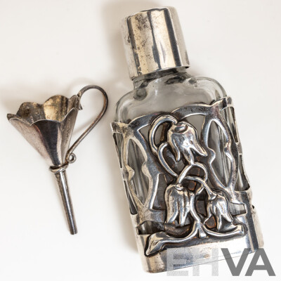 Vintage Sterling Silver Encased Glass Perfume Bottle 62mm & Sterling Silver Funnel, London 1992/93,