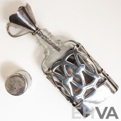 Vintage Sterling Silver Encased Glass Perfume Bottle 62mm & Sterling Silver Funnel, London 1992/93,