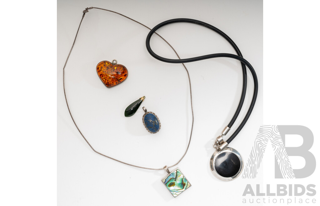 Sterling Silver Gemstone (2) Necklaces & (3) Pendants Including Onyx, Amber & Lapis Lazuli