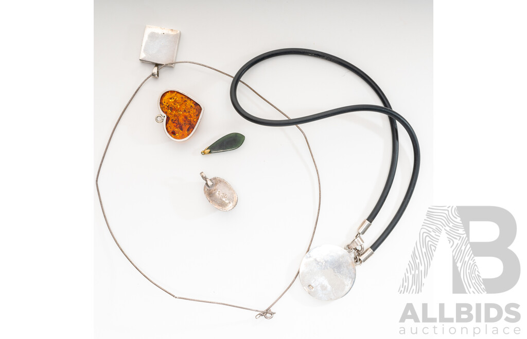 Sterling Silver Gemstone (2) Necklaces & (3) Pendants Including Onyx, Amber & Lapis Lazuli
