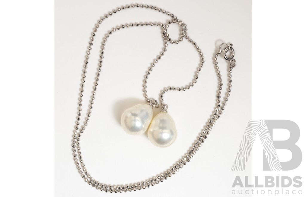 Sterling Silver Double Cultured Pearl Drop Lariat Style Necklace, 40cm & Drop is 70mm, 9.03 Grams - as New