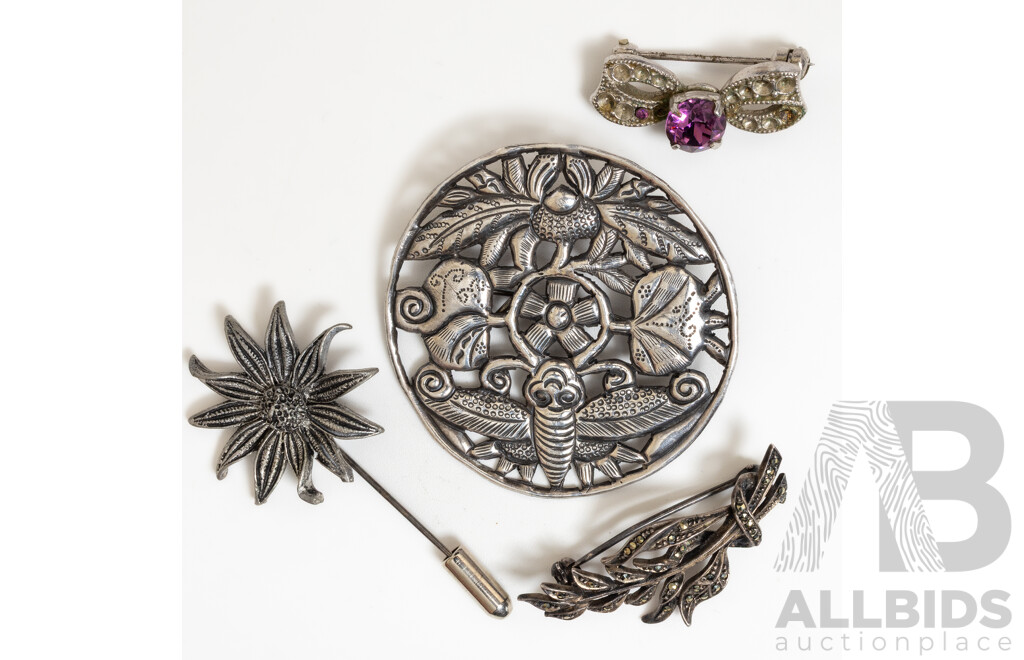 Collection of (4) Vintage Brooches Including Sterling Silver