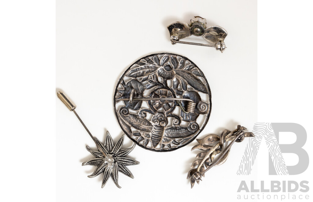 Collection of (4) Vintage Brooches Including Sterling Silver