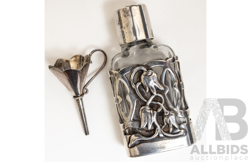 Vintage Sterling Silver Encased Glass Perfume Bottle 62mm & Sterling Silver Funnel, London 1992/93,