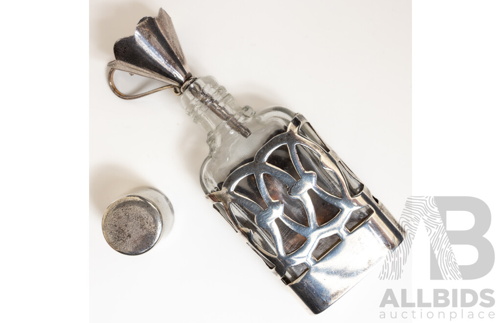 Vintage Sterling Silver Encased Glass Perfume Bottle 62mm & Sterling Silver Funnel, London 1992/93,