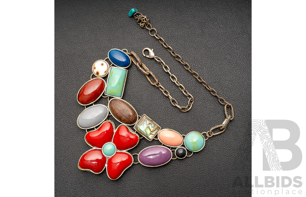 Vintage Silver Floral Stone Cluster Necklace, 45cm, No Hallmarks