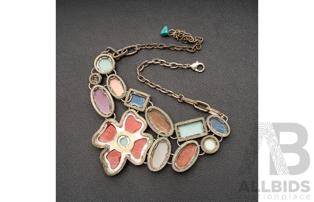 Vintage Silver Floral Stone Cluster Necklace, 45cm, No Hallmarks