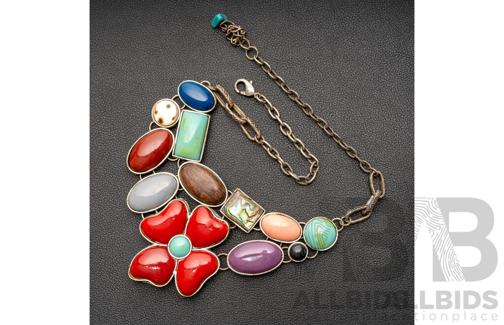 Vintage Silver Floral Stone Cluster Necklace, 45cm, No Hallmarks