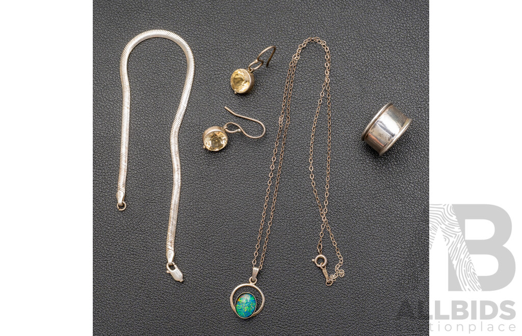 Sterling Silver Citrine Drop Earrings, Bracelet, Ring & Opal Triplet Pendant on Chain, 16.38 Grams