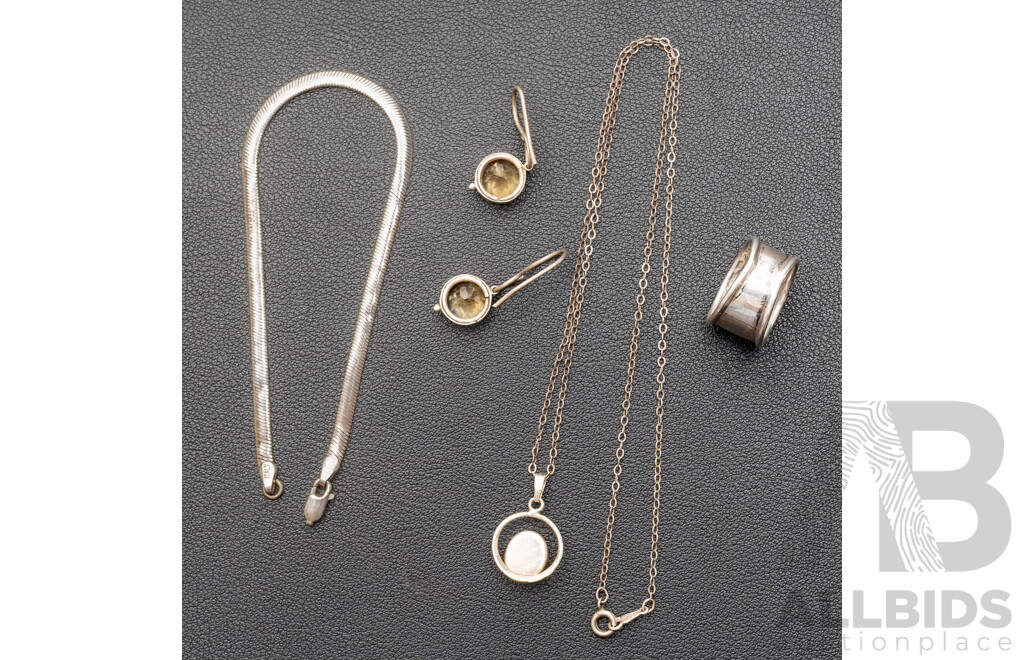 Sterling Silver Citrine Drop Earrings, Bracelet, Ring & Opal Triplet Pendant on Chain, 16.38 Grams