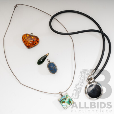 Sterling Silver Gemstone (2) Necklaces & (3) Pendants Including Onyx, Amber & Lapis Lazuli