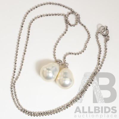 Sterling Silver Double Cultured Pearl Drop Lariat Style Necklace, 40cm & Drop is 70mm, 9.03 Grams - as New