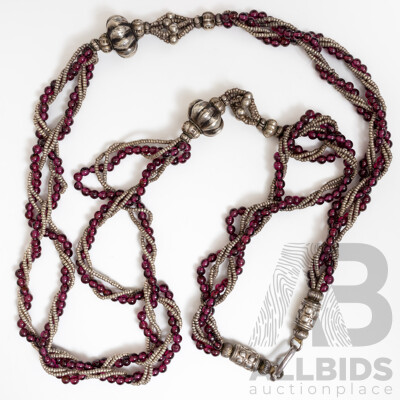 Silver (500) Tribal Garnet Beaded Rope Twist Necklace, 70cm