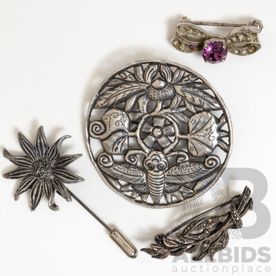 Collection of (4) Vintage Brooches Including Sterling Silver