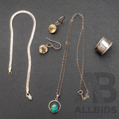 Sterling Silver Citrine Drop Earrings, Bracelet, Ring & Opal Triplet Pendant on Chain, 16.38 Grams