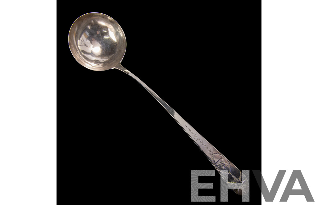Antique Irish Sterling Silver Ladle by John Shiels, Dublin, 1769 with Engraved Detail and Lion Monogram to Top and Original Receipt