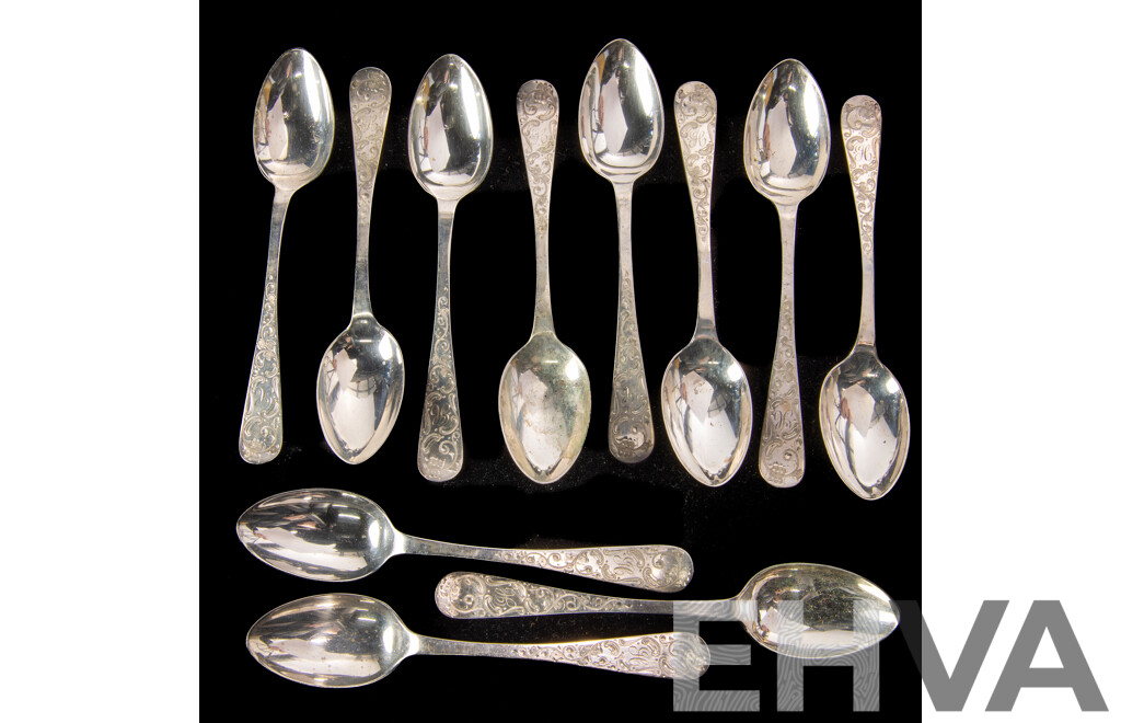 Set Eleven Antique Sterling Silver Teaspoons with Engraved Detail and Monogram H to Handle, Sheffield 1901