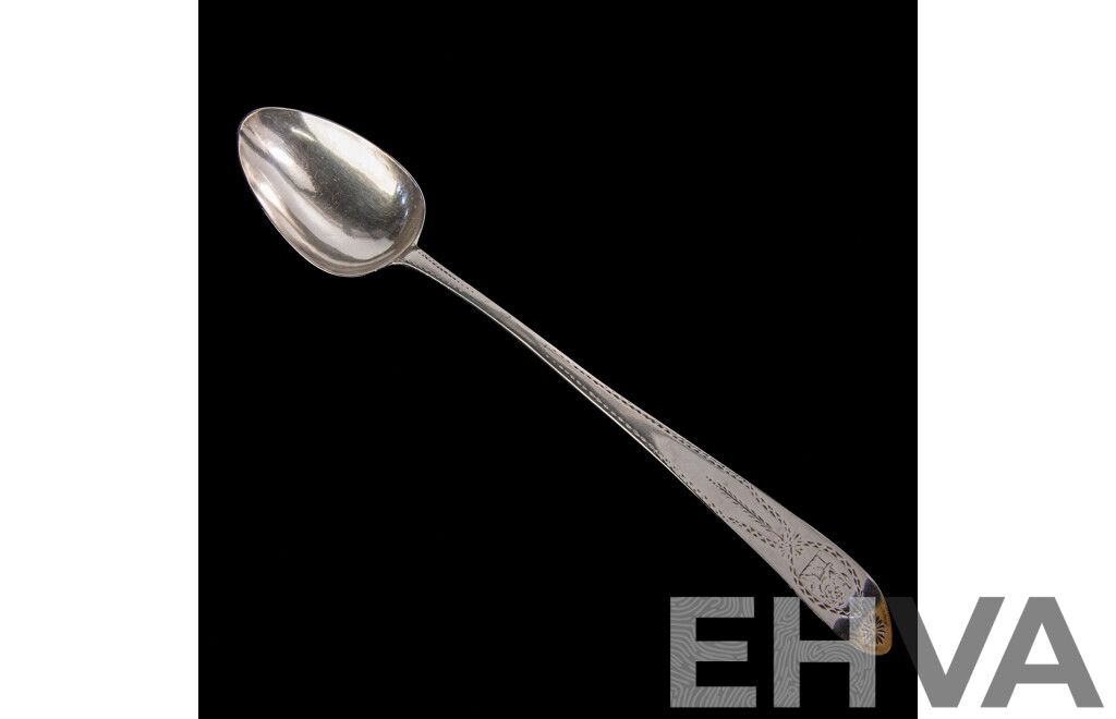 Antique Irish Sterling Silver Serving Spoon by John Shiels, Dublin, 1769 with Engraved Detail and Lion Monogram to Top