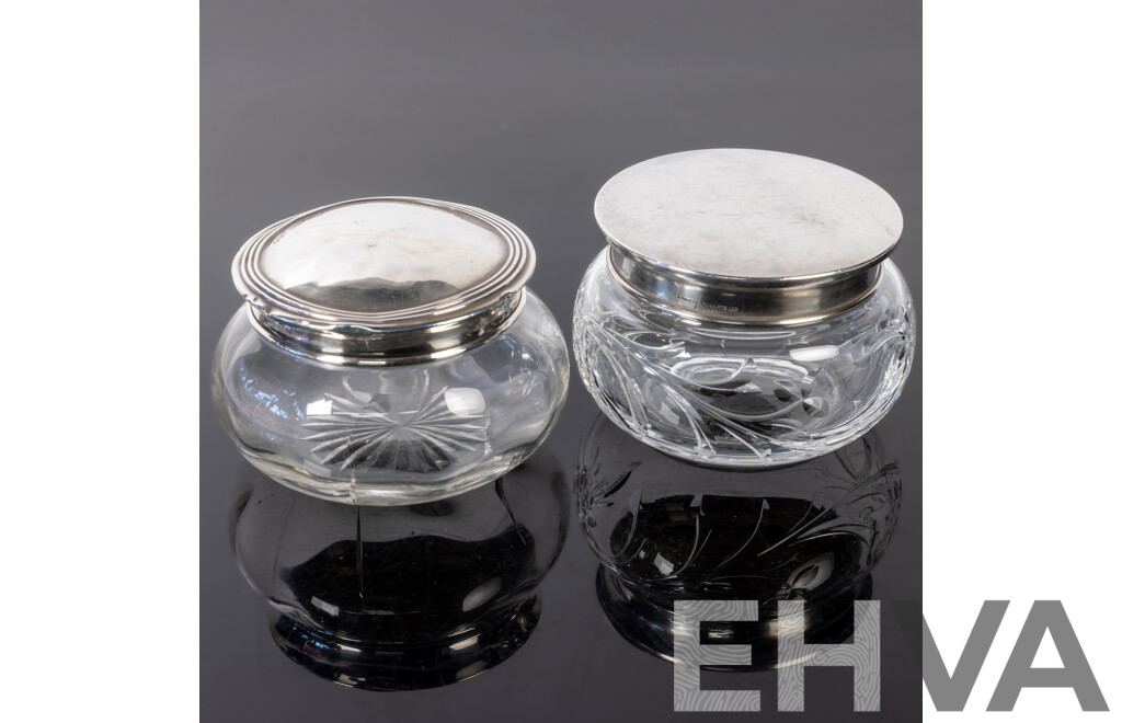 Vintage English Glass Vanity Jar with Sterling Silver Lid, Birmingham, 1950 Along with Another, London 1916