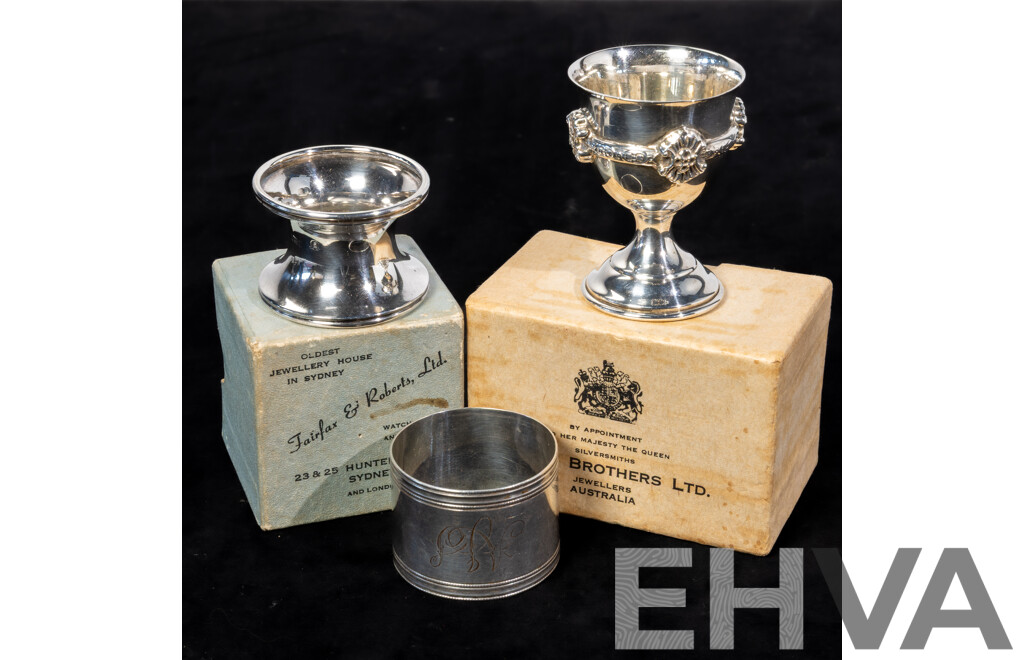 Three Sterling Silver Items Comprising Hardy Bros Egg Cup in Box, Fairfax & Roberts Napkin Ring in Box, London 1908 & Napkin Ring Birmingham 1902