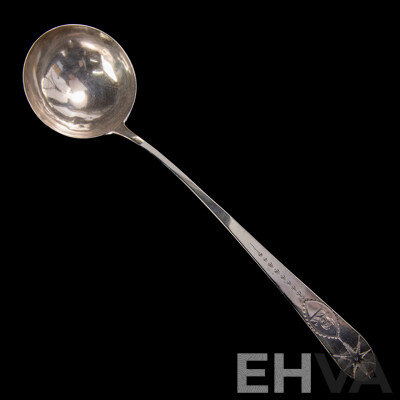 Antique Irish Sterling Silver Ladle by John Shiels, Dublin, 1769 with Engraved Detail and Lion Monogram to Top and Original Receipt