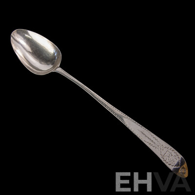 Antique Irish Sterling Silver Serving Spoon by John Shiels, Dublin, 1769 with Engraved Detail and Lion Monogram to Top