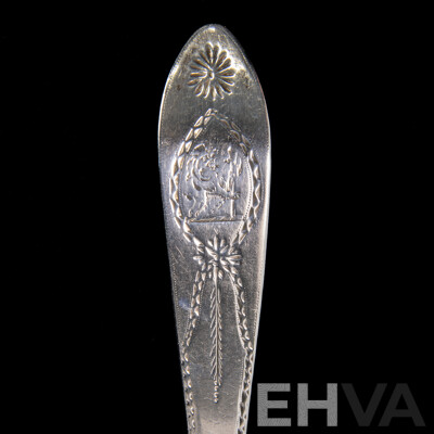 Antique Irish Sterling Silver Serving Spoon by John Shiels, Dublin, 1769 with Engraved Detail and Lion Monogram to Top