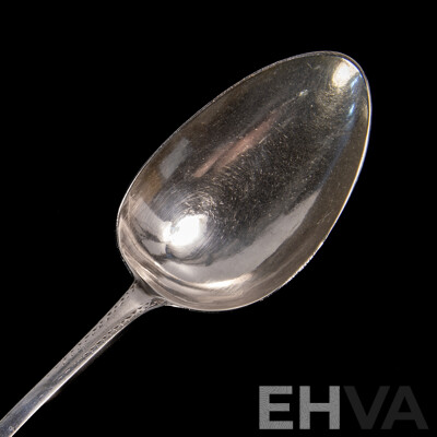 Antique Irish Sterling Silver Serving Spoon by John Shiels, Dublin, 1769 with Engraved Detail and Lion Monogram to Top