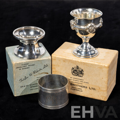Three Sterling Silver Items Comprising Hardy Bros Egg Cup in Box, Fairfax & Roberts Napkin Ring in Box, London 1908 & Napkin Ring Birmingham 1902