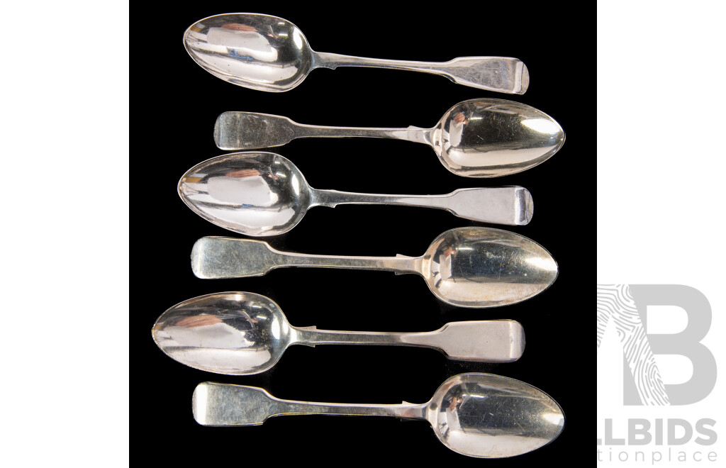 Set Three Antique Sterling Silver Dinner Spoons, F. H, London 1823 Along with Set Three Sterling Silver Dinner Spoons, Hayne & Cater London, 1850