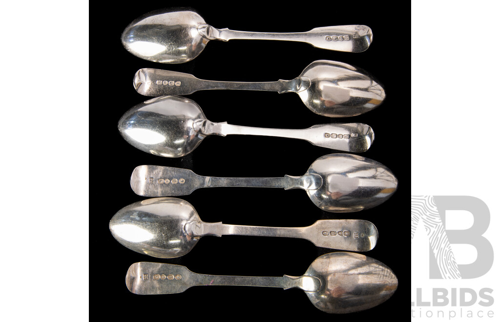 Set Three Antique Sterling Silver Dinner Spoons, F. H, London 1823 Along with Set Three Sterling Silver Dinner Spoons, Hayne & Cater London, 1850