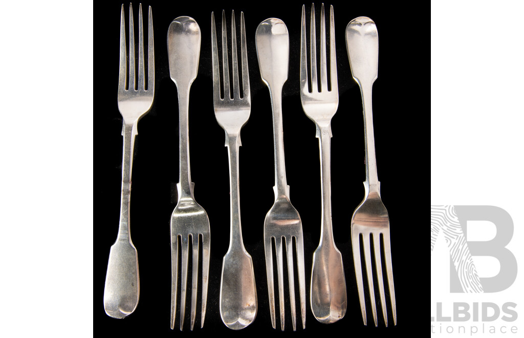 Set Six Antique Sterling Silver Forks with Engraved Monogram to Handle, Joseph & Albert Savory, London, 1846