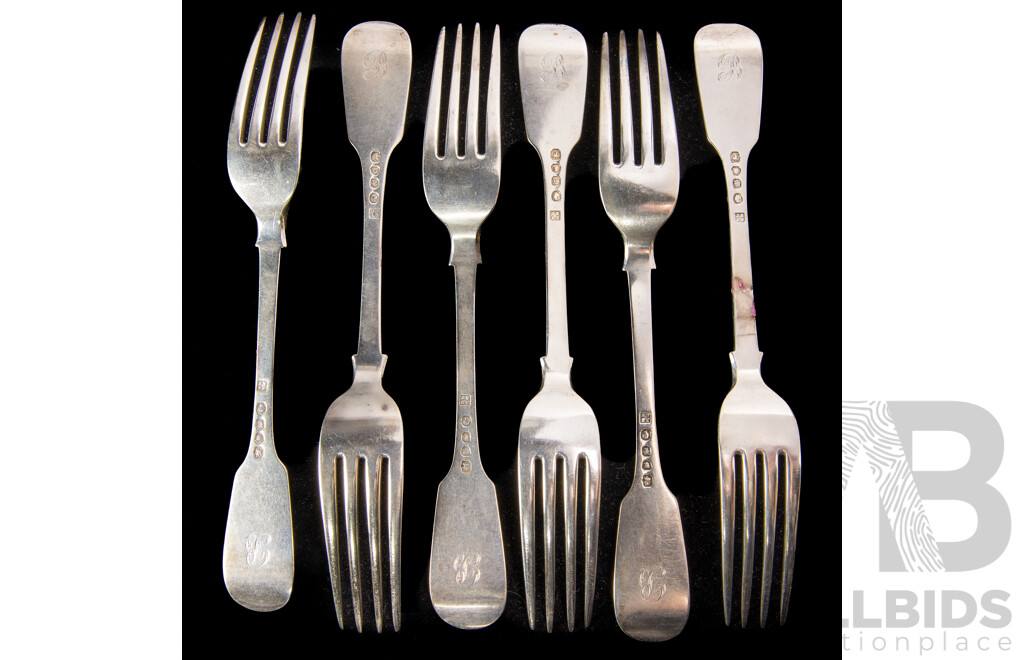 Set Six Antique Sterling Silver Forks with Engraved Monogram to Handle, Joseph & Albert Savory, London, 1846