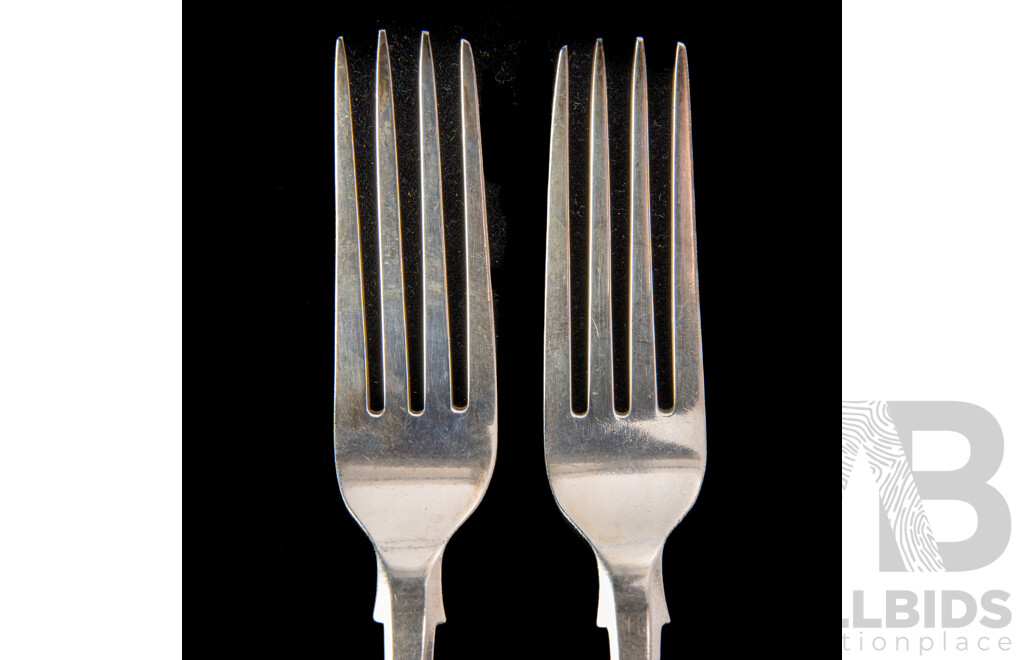 Set Six Antique Sterling Silver Forks with Engraved Monogram to Handle, Joseph & Albert Savory, London, 1846