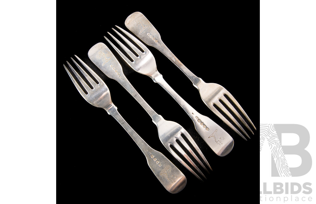 Set Four Antique Sterling Silver Forks with Engraved Dragons Crest to Handle, Solomon Hougham, London, 1808