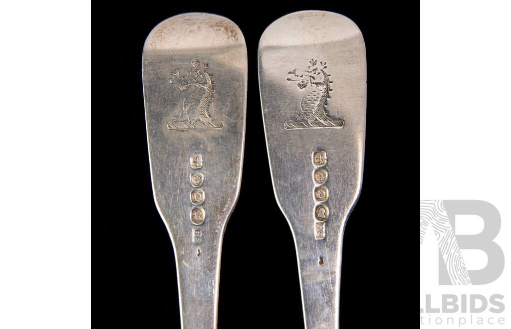 Set Four Antique Sterling Silver Forks with Engraved Dragons Crest to Handle, Solomon Hougham, London, 1808