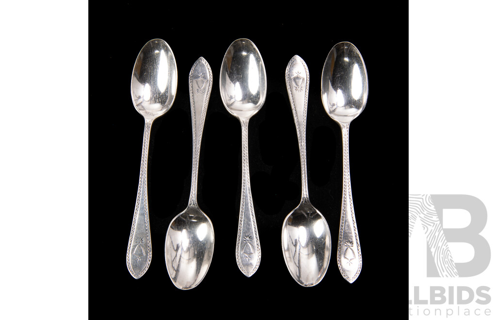Set Five Antique Sterling Silver Teaspoons by Walker & Hall, Sheffield 1896