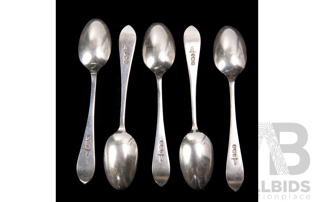 Set Five Antique Sterling Silver Teaspoons by Walker & Hall, Sheffield 1896
