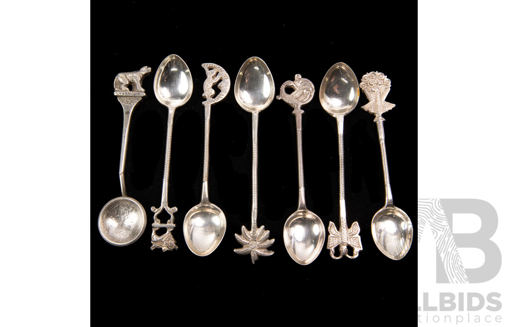 Set Six Vintage Indian 1940s .750 Silver Teaspoons with Animal Finials and One Other Similar Example