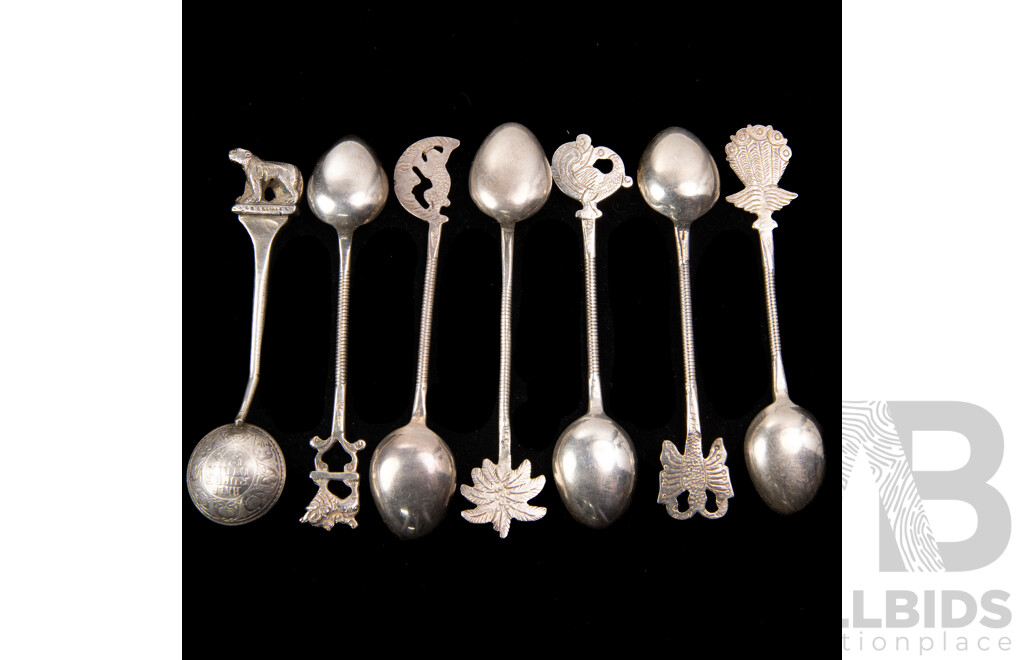 Set Six Vintage Indian 1940s .750 Silver Teaspoons with Animal Finials and One Other Similar Example