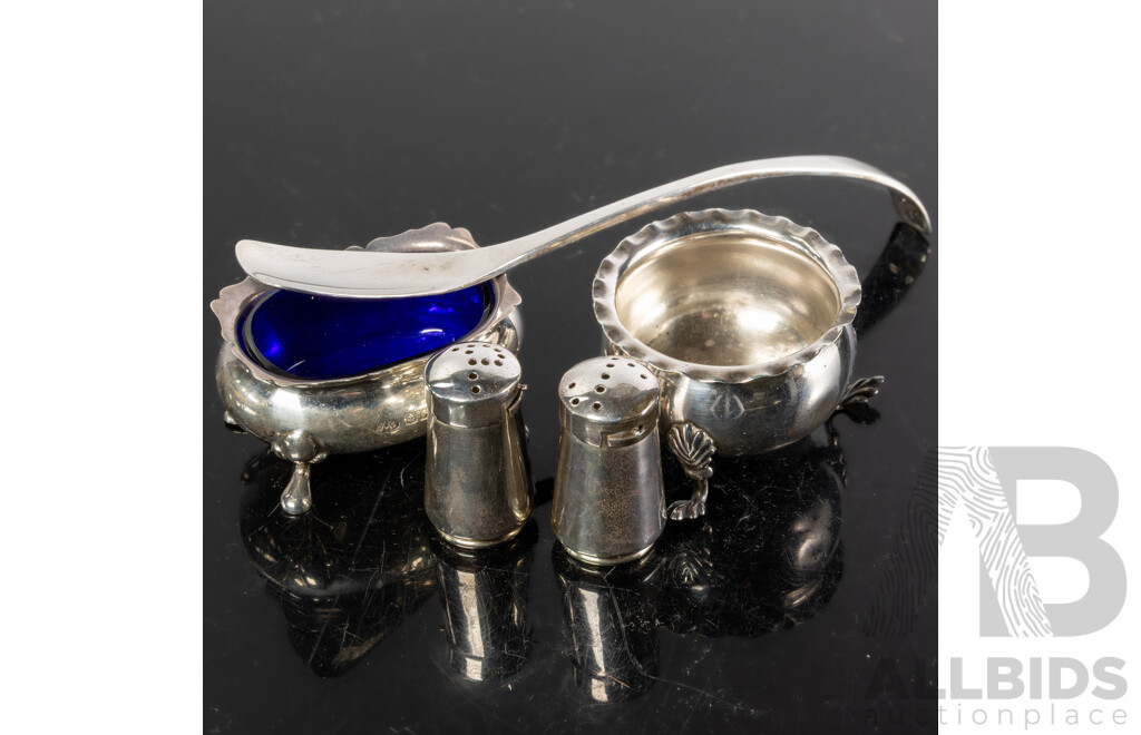 Collection Vintage Sterling Silver Pieces Comprises Jam Spoon, Pair Small Salt Shakers, Rectangular Salt Cellar with Bristol Blue Glass Liner, Round Salt Cellar